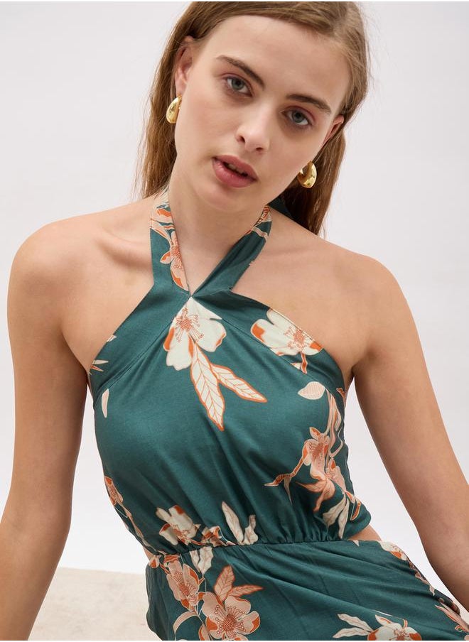 All-Over Print Halter Neck A-Line Midi Dress