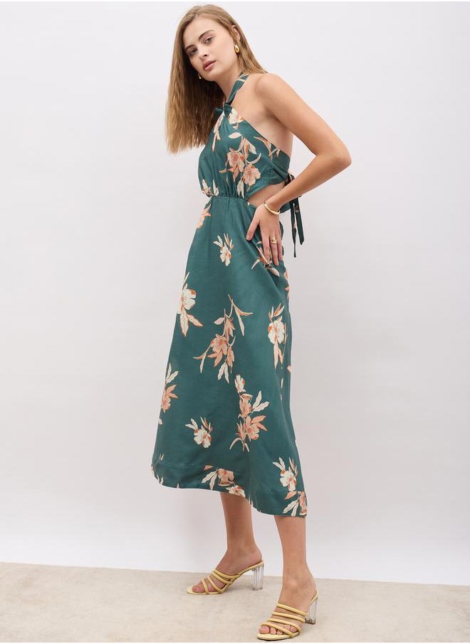 All-Over Print Halter Neck A-Line Midi Dress
