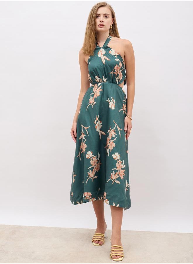 All-Over Print Halter Neck A-Line Midi Dress