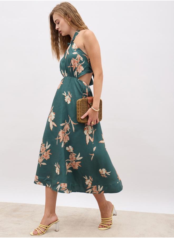 All-Over Print Halter Neck A-Line Midi Dress