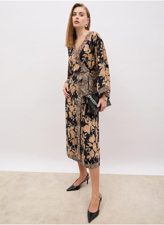 All-Over Print V Neck Wrap Midi Dress