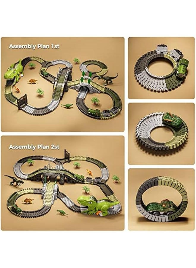 TUMAMA Dinosaur Toys Race Track, 281 Pcs Dinosaur Train Set for Kids 3-5 5-7, Flexible Train Tracks with 4 Dinosaurs Figures, 2 Electric Race Cars with Light, Create A Dinosaur Road Race for Toddlers
