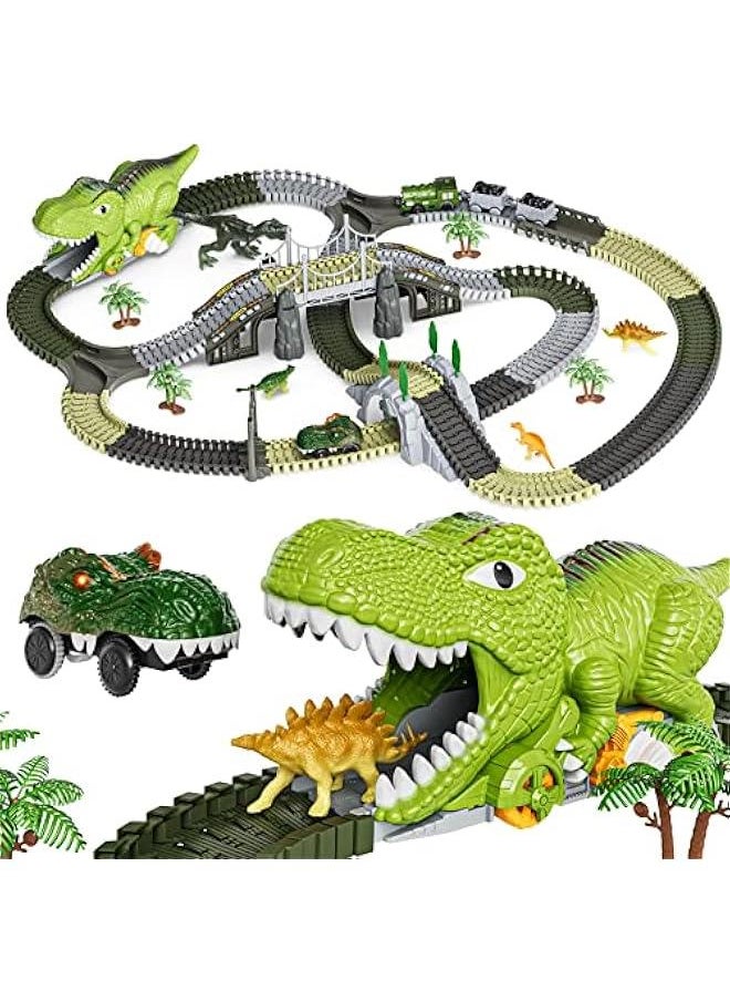 TUMAMA Dinosaur Toys Race Track, 281 Pcs Dinosaur Train Set for Kids 3-5 5-7, Flexible Train Tracks with 4 Dinosaurs Figures, 2 Electric Race Cars with Light, Create A Dinosaur Road Race for Toddlers