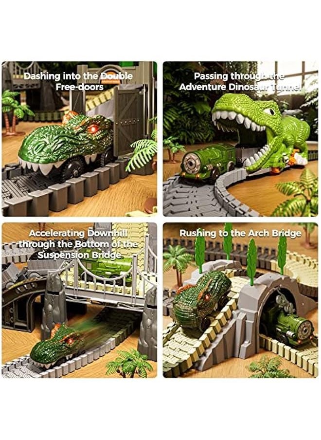 TUMAMA Dinosaur Toys Race Track, 281 Pcs Dinosaur Train Set for Kids 3-5 5-7, Flexible Train Tracks with 4 Dinosaurs Figures, 2 Electric Race Cars with Light, Create A Dinosaur Road Race for Toddlers