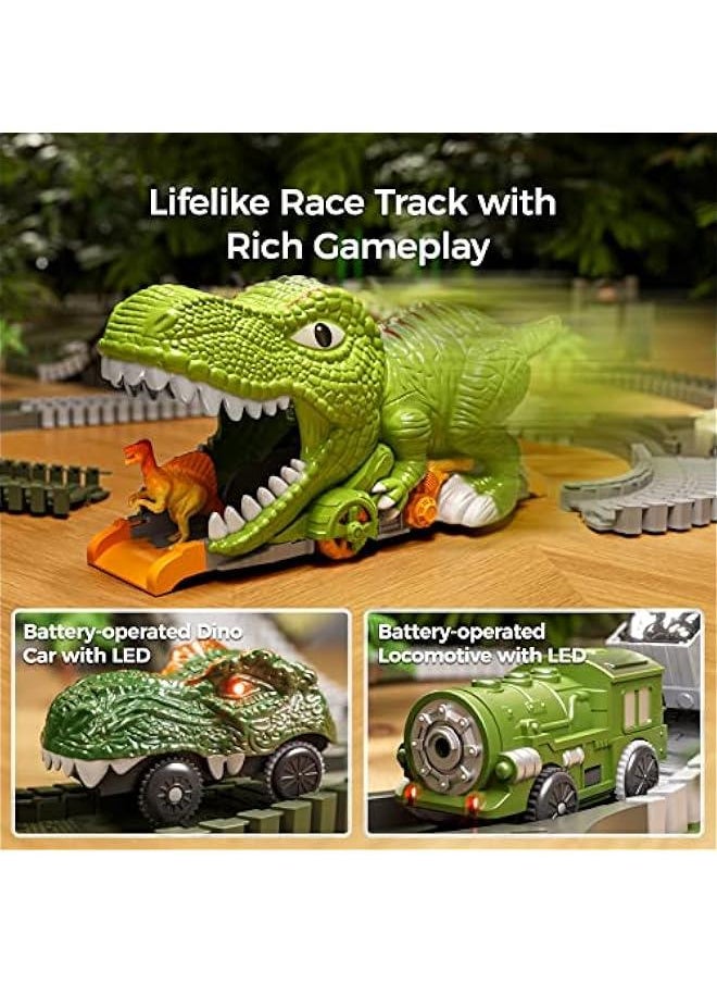 TUMAMA Dinosaur Toys Race Track, 281 Pcs Dinosaur Train Set for Kids 3-5 5-7, Flexible Train Tracks with 4 Dinosaurs Figures, 2 Electric Race Cars with Light, Create A Dinosaur Road Race for Toddlers