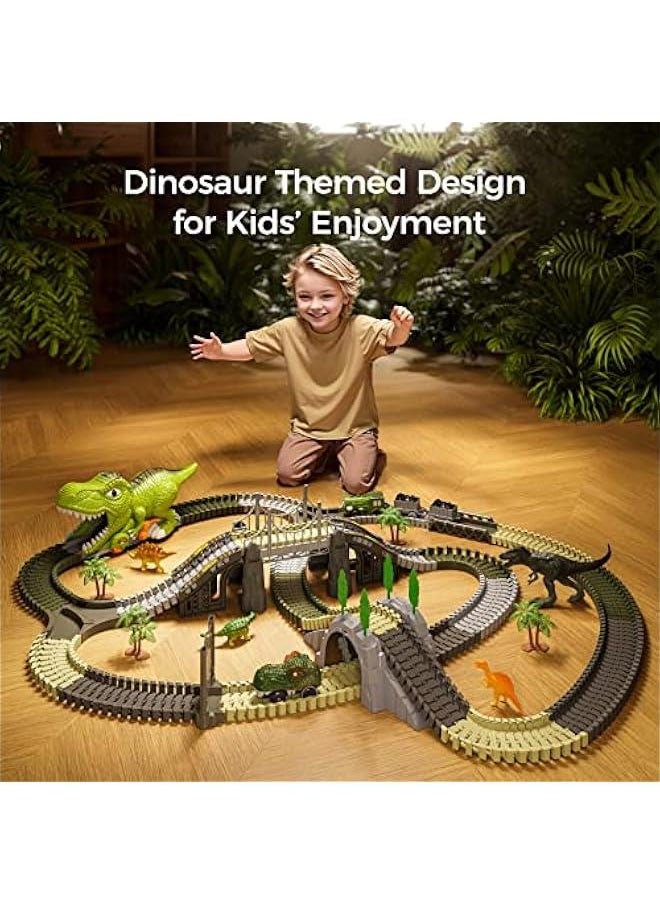 TUMAMA Dinosaur Toys Race Track, 281 Pcs Dinosaur Train Set for Kids 3-5 5-7, Flexible Train Tracks with 4 Dinosaurs Figures, 2 Electric Race Cars with Light, Create A Dinosaur Road Race for Toddlers