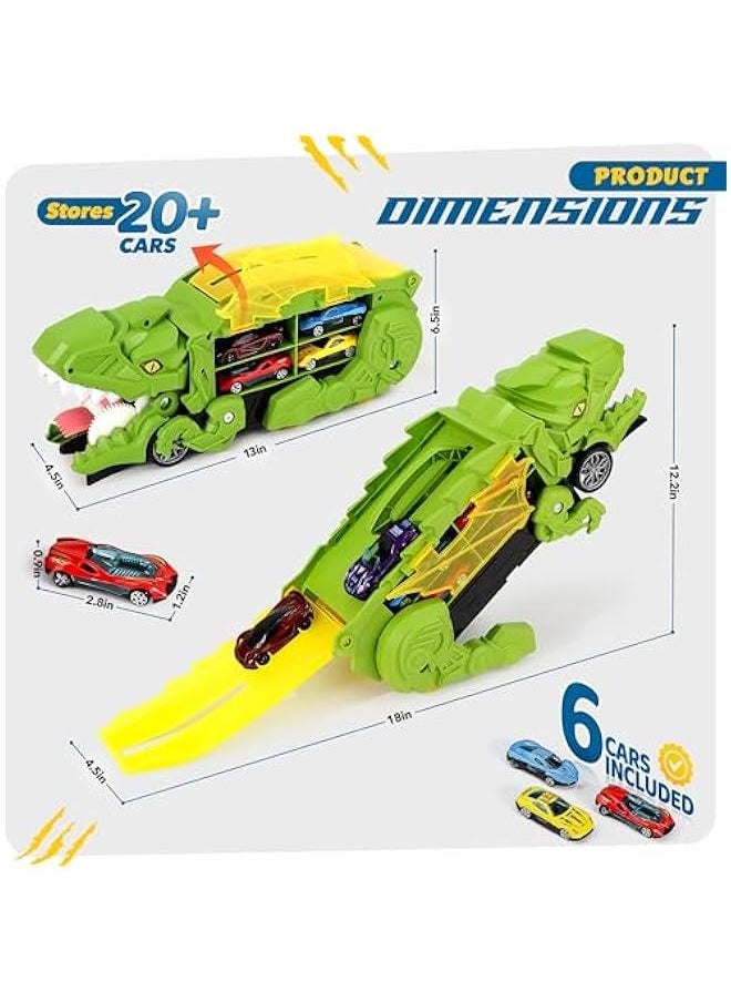Dinosaur Transport Truck with 6 Racing Cars - Car Transporter Dinosaur Truck with Foldable Sliding Ramp - Dino Birthday Gift Toys for 3 4 5+ Year Old Boy - Toddler & Kids (Green)