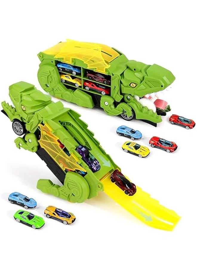 Dinosaur Transport Truck with 6 Racing Cars - Car Transporter Dinosaur Truck with Foldable Sliding Ramp - Dino Birthday Gift Toys for 3 4 5+ Year Old Boy - Toddler & Kids (Green)