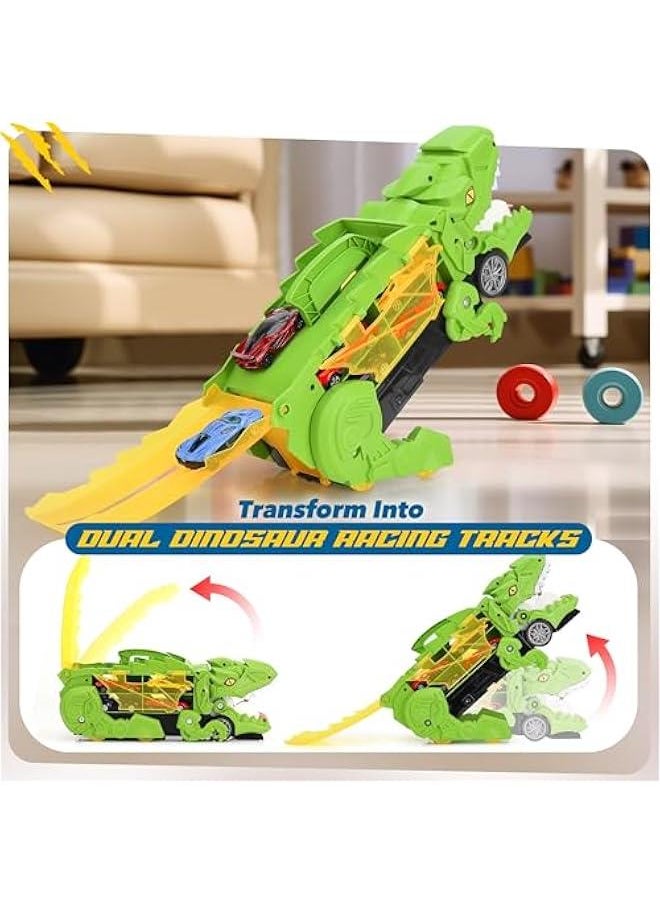 Dinosaur Transport Truck with 6 Racing Cars - Car Transporter Dinosaur Truck with Foldable Sliding Ramp - Dino Birthday Gift Toys for 3 4 5+ Year Old Boy - Toddler & Kids (Green)
