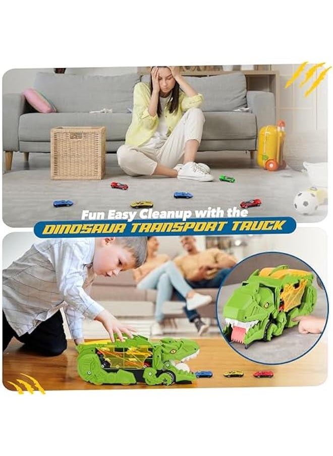 Dinosaur Transport Truck with 6 Racing Cars - Car Transporter Dinosaur Truck with Foldable Sliding Ramp - Dino Birthday Gift Toys for 3 4 5+ Year Old Boy - Toddler & Kids (Green)
