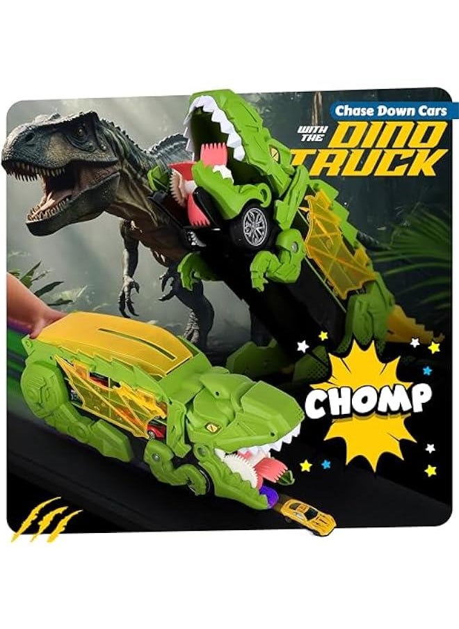 Dinosaur Transport Truck with 6 Racing Cars - Car Transporter Dinosaur Truck with Foldable Sliding Ramp - Dino Birthday Gift Toys for 3 4 5+ Year Old Boy - Toddler & Kids (Green)