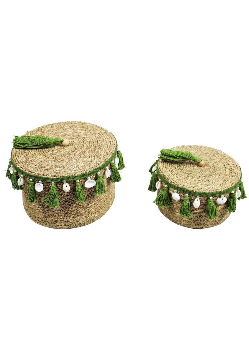 Treasure Hunt Set of 2 Multipurpose Sea Grass Basket with Thread Tassels Shells Work TH4178