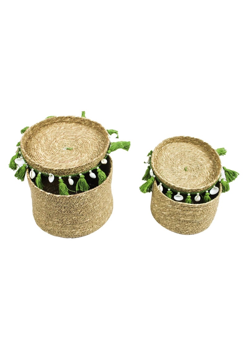 Treasure Hunt Set of 2 Multipurpose Sea Grass Basket with Thread Tassels Shells Work TH4178