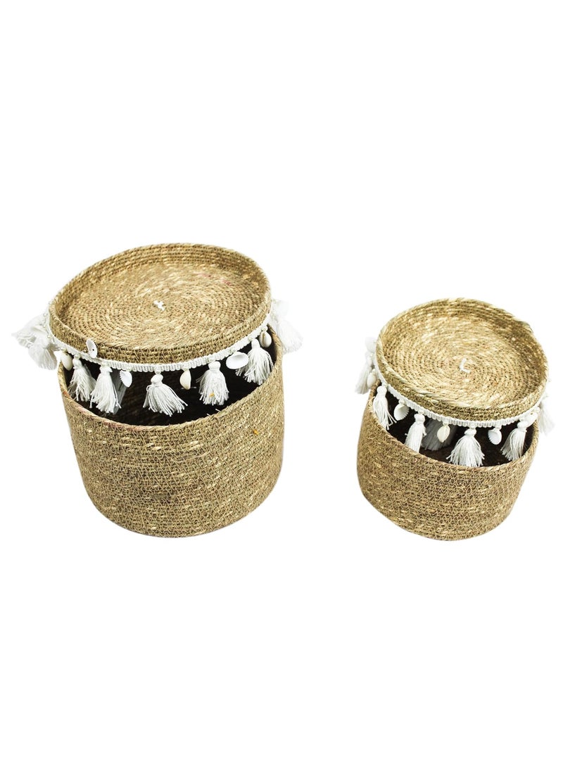 Treasure Hunt Set of 2 Multipurpose Sea Grass Basket with Thread Tassels Shells Work TH4180