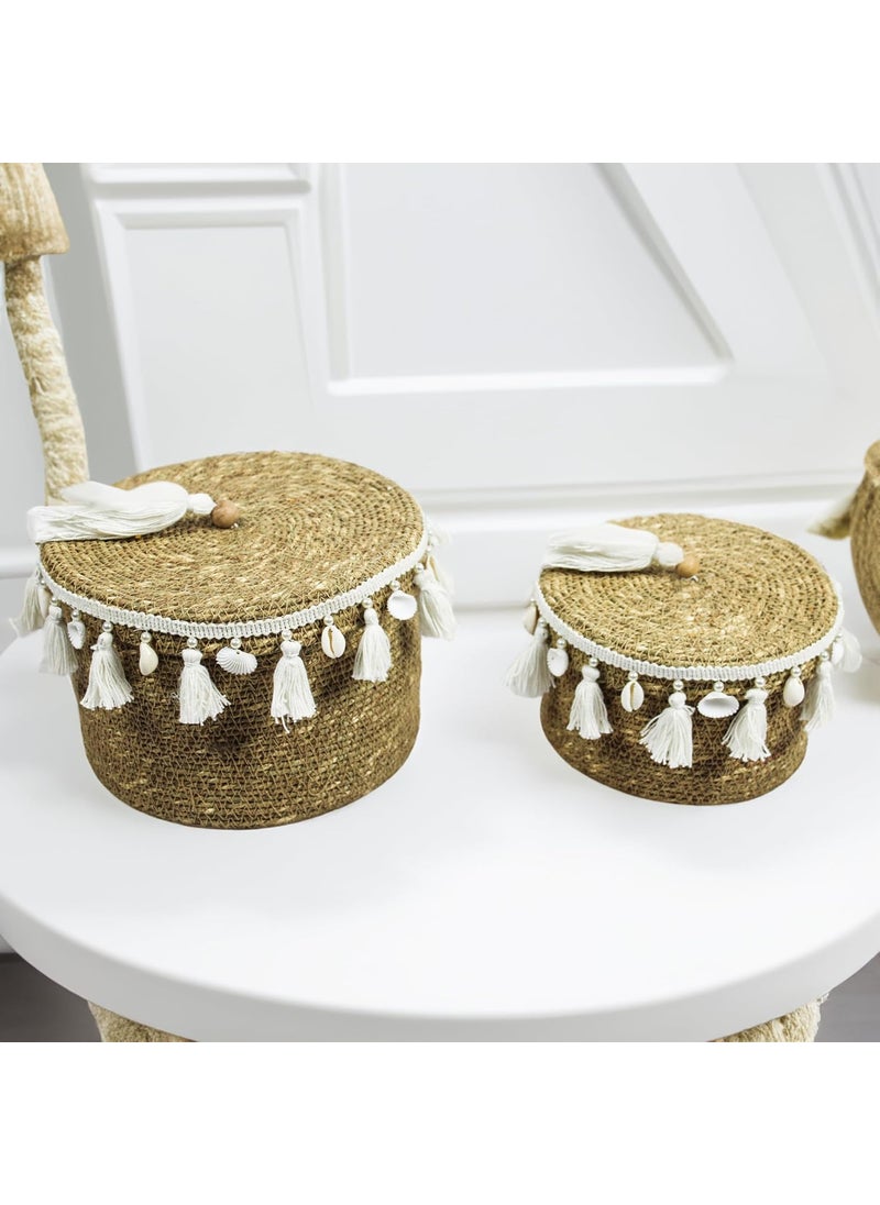 Treasure Hunt Set of 2 Multipurpose Sea Grass Basket with Thread Tassels Shells Work TH4180