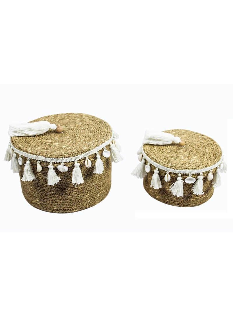 Treasure Hunt Set of 2 Multipurpose Sea Grass Basket with Thread Tassels Shells Work TH4180