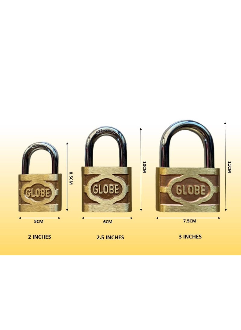 Zebra Premium Tools Globe Original Hardened Pure Brass Locks Pack of 2 with Free 3 Keys Gold 3 Inch