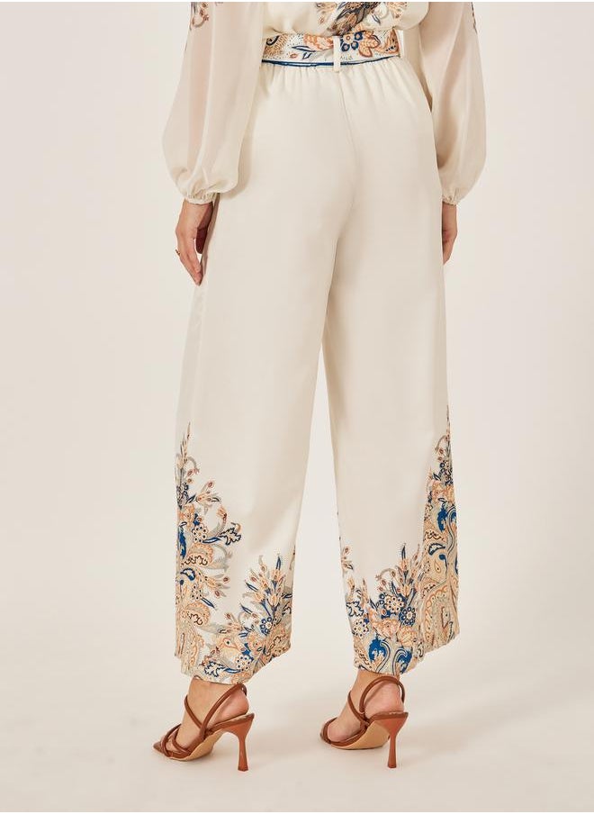 Placement Print Pleated Wide Leg Pants