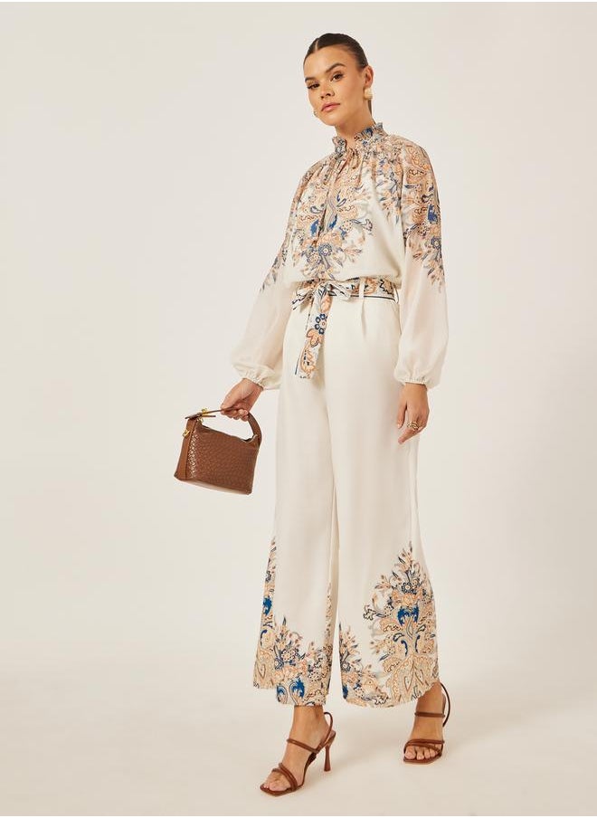 Placement Print Pleated Wide Leg Pants
