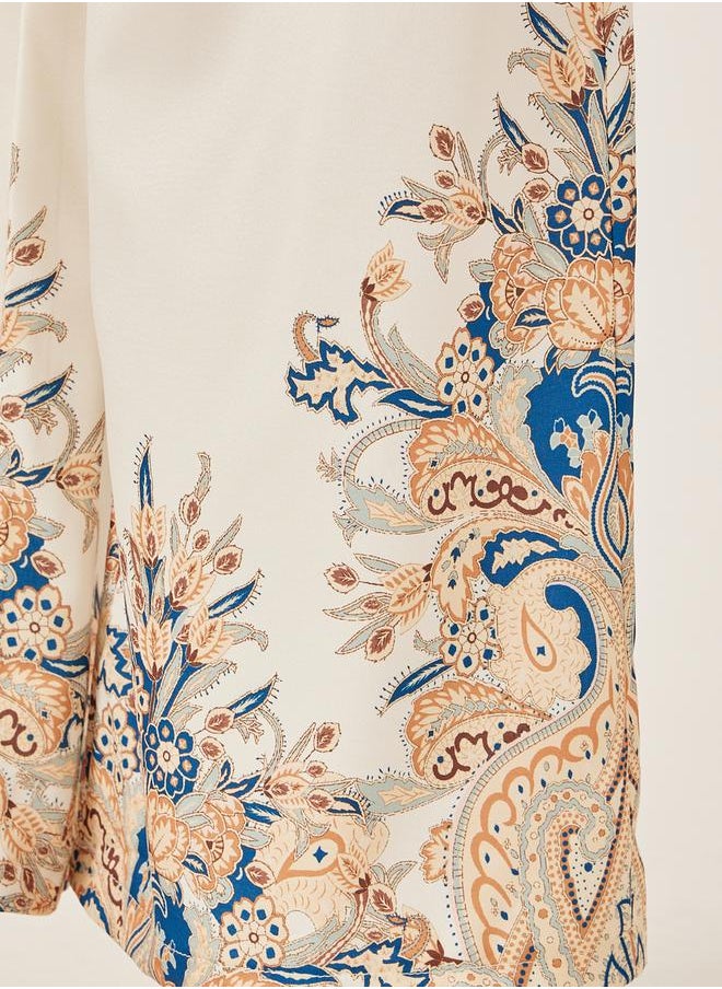 Placement Print Pleated Wide Leg Pants