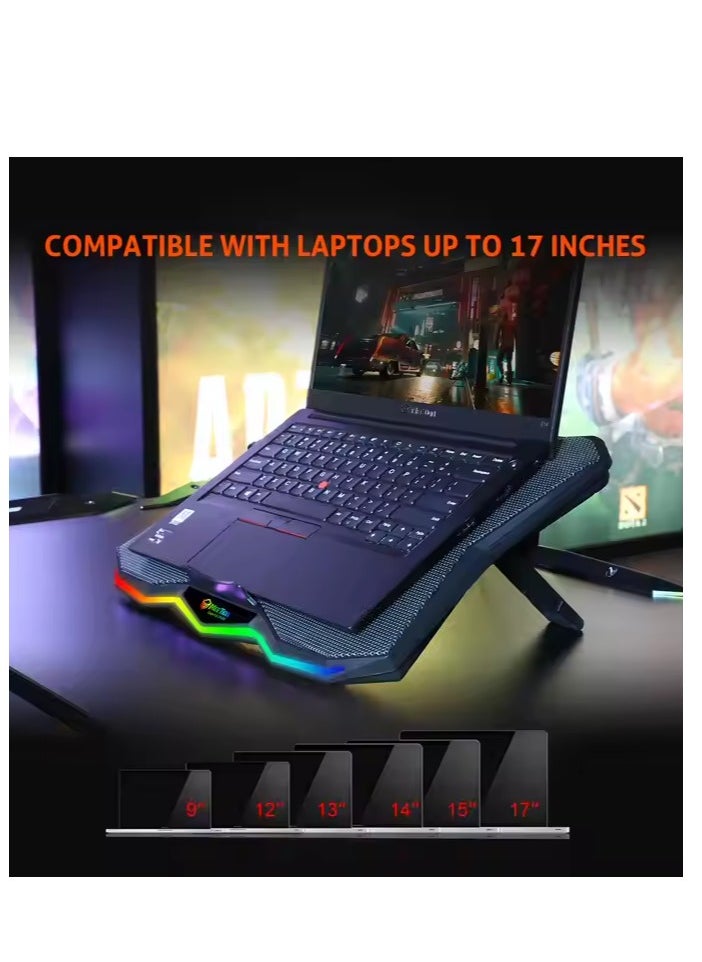 MEETION CP4040 Six Fans Laptop Gaming Air Cooling Pad, Adjustable Height Angle, 2USB Ports, RGB LED Illuminated Lightweight Quick Cooling Aluminum Alloy Grid with 45° Adjustable Stand (Black)