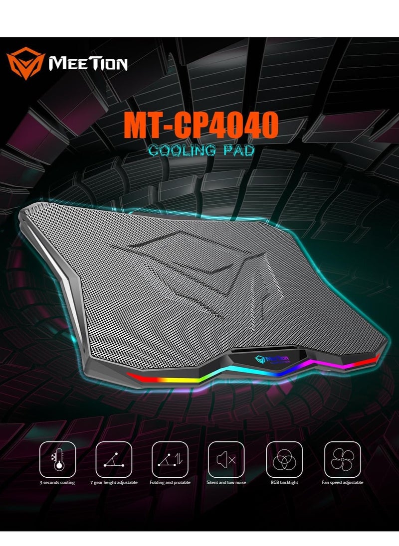 MEETION CP4040 Six Fans Laptop Gaming Air Cooling Pad, Adjustable Height Angle, 2USB Ports, RGB LED Illuminated Lightweight Quick Cooling Aluminum Alloy Grid with 45° Adjustable Stand (Black)