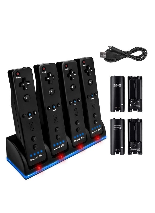 Upgraded 4-Port Wii Remote Controller Charging Station with 4 Battery Packs, USB Charging Cable, and LED Indicator - Compatible with Nintendo Wii Remotes