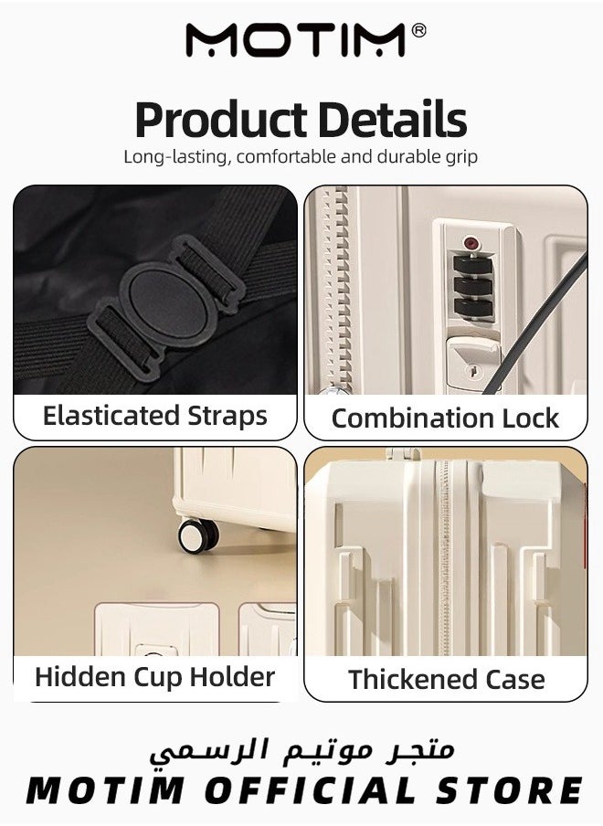 Travel Luggage Carry-On Luggage with USB and Type-C Charging Port & Cup Holder & Phone Holder & Side Hidden Hook & Spinner Wheels Multifunctional Carry On Suitcase Large Capacity Checked-in Luggage