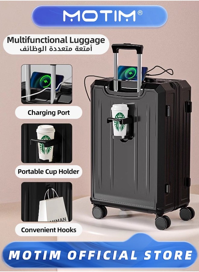 Travel Luggage Carry-On Luggage with USB and Type-C Charging Port & Cup Holder & Phone Holder & Side Hidden Hook & Spinner Wheels Multifunctional Carry On Suitcase Large Capacity Checked-in Luggage