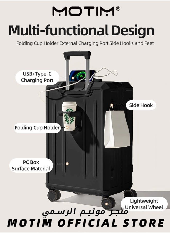 Travel Luggage Carry-On Luggage with USB and Type-C Charging Port & Cup Holder & Phone Holder & Side Hidden Hook & Spinner Wheels Multifunctional Carry On Suitcase Large Capacity Checked-in Luggage