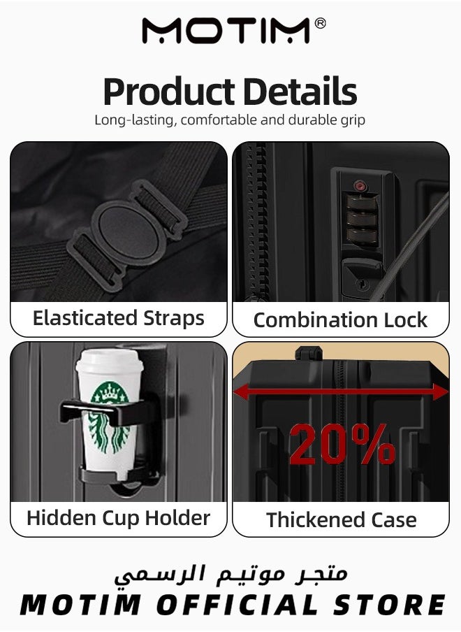 Travel Luggage Carry-On Luggage with USB and Type-C Charging Port & Cup Holder & Phone Holder & Side Hidden Hook & Spinner Wheels Multifunctional Carry On Suitcase Large Capacity Checked-in Luggage