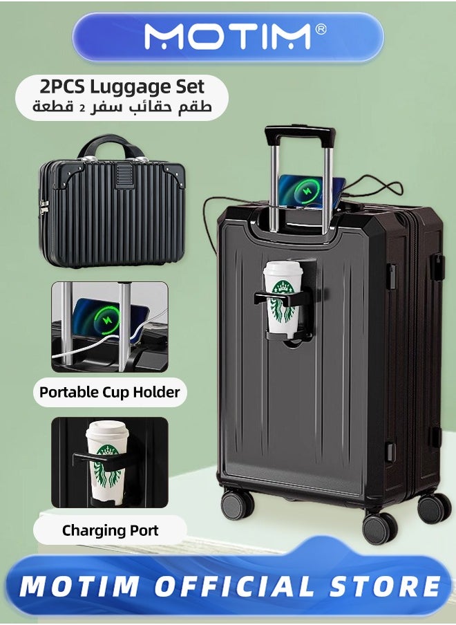 2pcs Luggage Sets Multifunctional Travel Luggage and Portable Suitcase Set Carry-On Luggage with USB and Type-C Charging Port & Cup Holder & Phone Holder & Side Hidden Hook & Spinner Wheels Large Capacity Checked-in Luggage