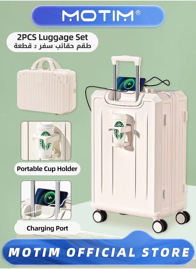 2pcs Luggage Sets Multifunctional Travel Luggage and Portable Suitcase Set Carry-On Luggage with USB and Type-C Charging Port & Cup Holder & Phone Holder & Side Hidden Hook & Spinner Wheels Large Capacity Checked-in Luggage