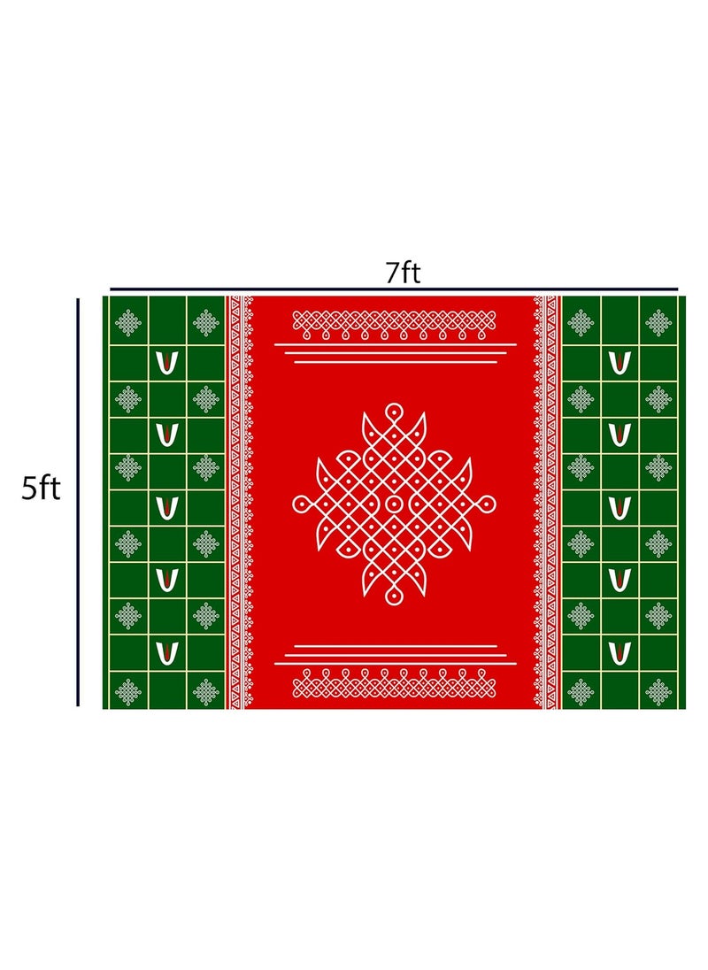 Dhara Creation Red Kolam Tilak 5FT7FT Backdrop Cloth for Pooja Decoration WeddingSatyanarayan Pooja Traditional Background Curtain Cloth for Festival Washable Fabric