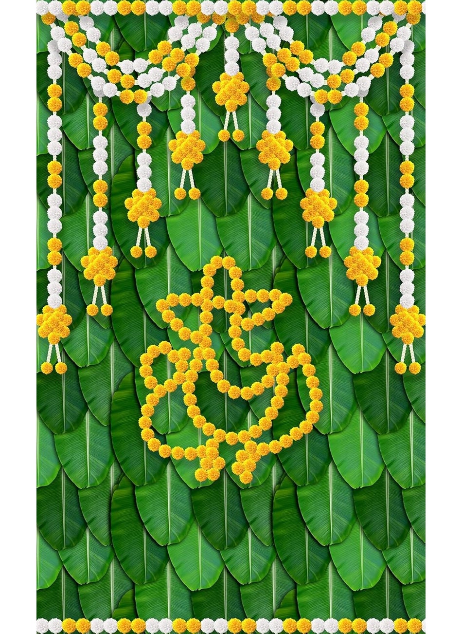 Dhara Banana Leaf with Marigold Ganesha Backdrop Cloth 5ft x 8ft Polyester Fabric for Ganesh Chaturthi Satyanarayan Pooja Annaprassana Aritaku Washable Fabric