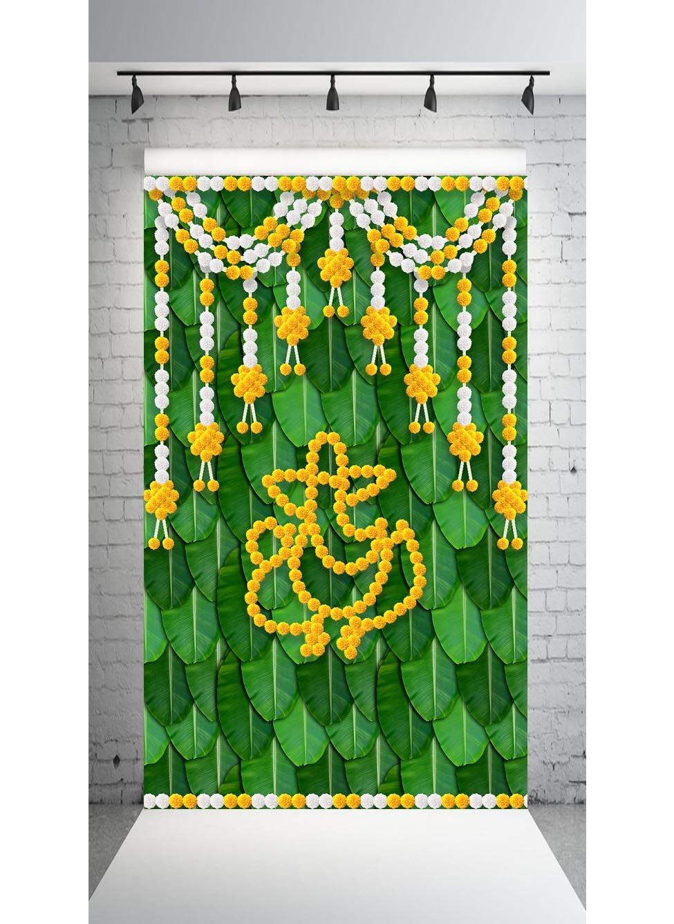 Dhara Banana Leaf with Marigold Ganesha Backdrop Cloth 5ft x 8ft Polyester Fabric for Ganesh Chaturthi Satyanarayan Pooja Annaprassana Aritaku Washable Fabric