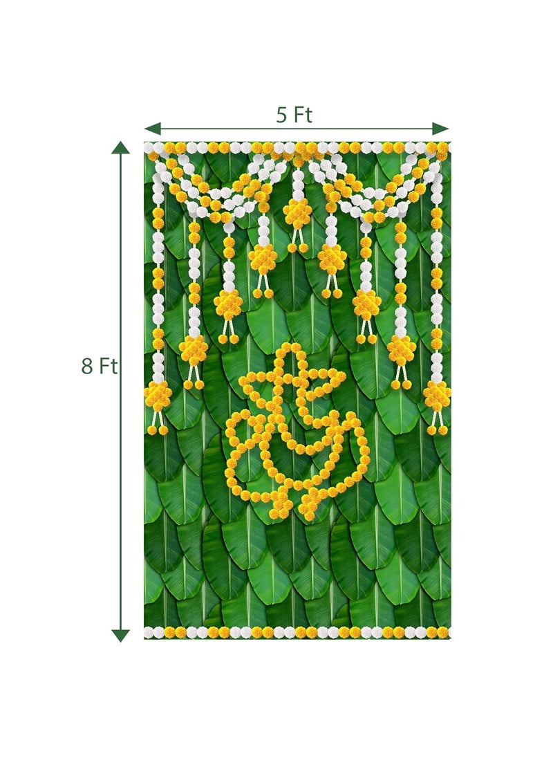 Dhara Banana Leaf with Marigold Ganesha Backdrop Cloth 5ft x 8ft Polyester Fabric for Ganesh Chaturthi Satyanarayan Pooja Annaprassana Aritaku Washable Fabric
