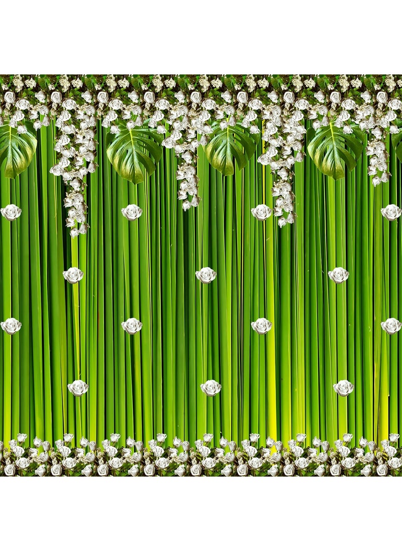 Dhara Green Backdrop with Flowers Printed 8FT8FT Backdrop Cloth for Pooja Decoration Traditional Background Curtain Cloth for Festival Washable Fabric