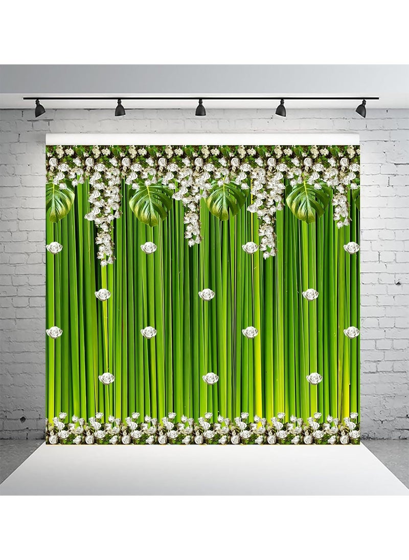 Dhara Green Backdrop with Flowers Printed 8FT8FT Backdrop Cloth for Pooja Decoration Traditional Background Curtain Cloth for Festival Washable Fabric