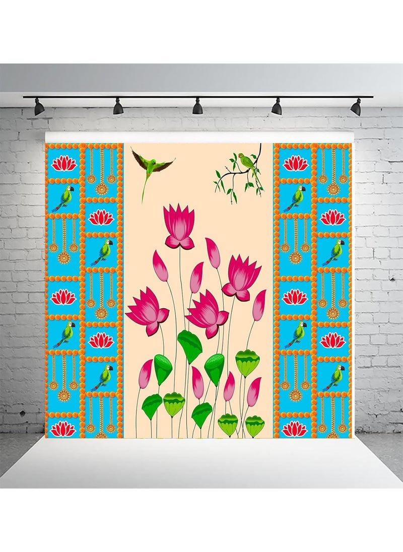 Dhara Blue Backdrop with Lotus Printed 8FT8FT Backdrop Cloth for Pooja Decoration Traditional Background Curtain Cloth for Festival Washable Fabric