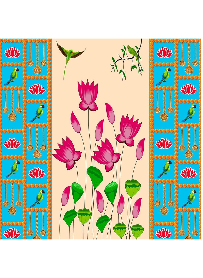 Dhara Blue Backdrop with Lotus Printed 8FT8FT Backdrop Cloth for Pooja Decoration Traditional Background Curtain Cloth for Festival Washable Fabric