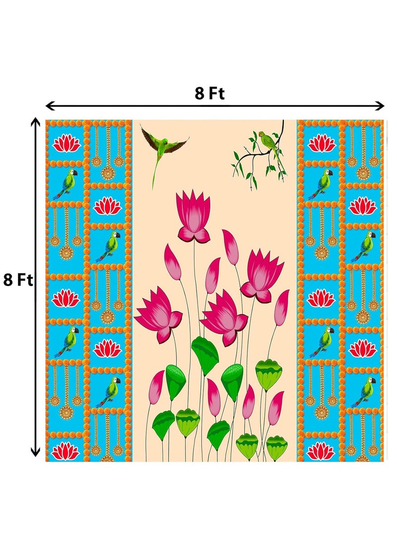 Dhara Blue Backdrop with Lotus Printed 8FT8FT Backdrop Cloth for Pooja Decoration Traditional Background Curtain Cloth for Festival Washable Fabric