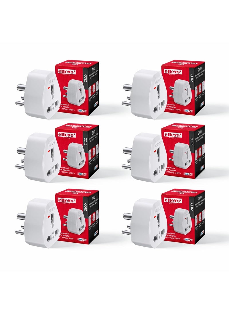 elleys Zico International 3 Pin Adapter 6A 13mp240 V Pack of 6