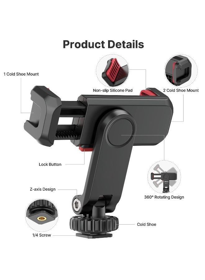 Phone Tripod Mount, Adjustable Clamp with 2 Cold Shoe Mounts, 360° Rotation, Compatible with Samsung Galaxy, iPhone, Sony, Canon, and Gimbals