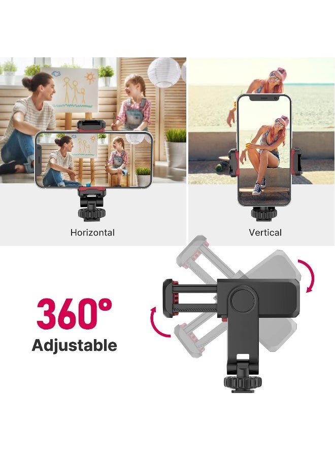 Phone Tripod Mount, Adjustable Clamp with 2 Cold Shoe Mounts, 360° Rotation, Compatible with Samsung Galaxy, iPhone, Sony, Canon, and Gimbals