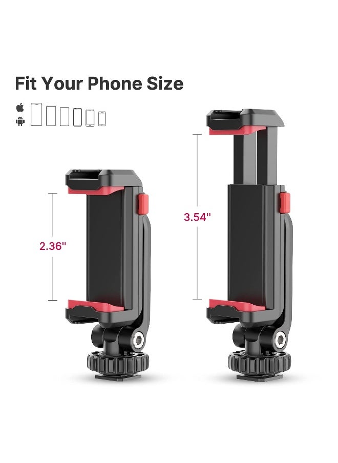 Phone Tripod Mount, Adjustable Clamp with 2 Cold Shoe Mounts, 360° Rotation, Compatible with Samsung Galaxy, iPhone, Sony, Canon, and Gimbals