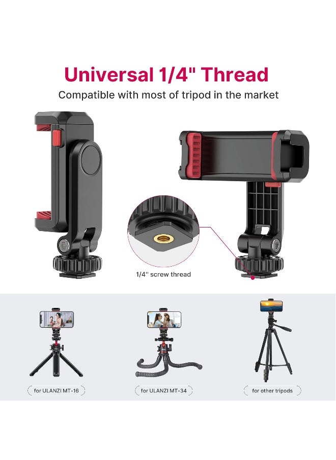 Phone Tripod Mount, Adjustable Clamp with 2 Cold Shoe Mounts, 360° Rotation, Compatible with Samsung Galaxy, iPhone, Sony, Canon, and Gimbals