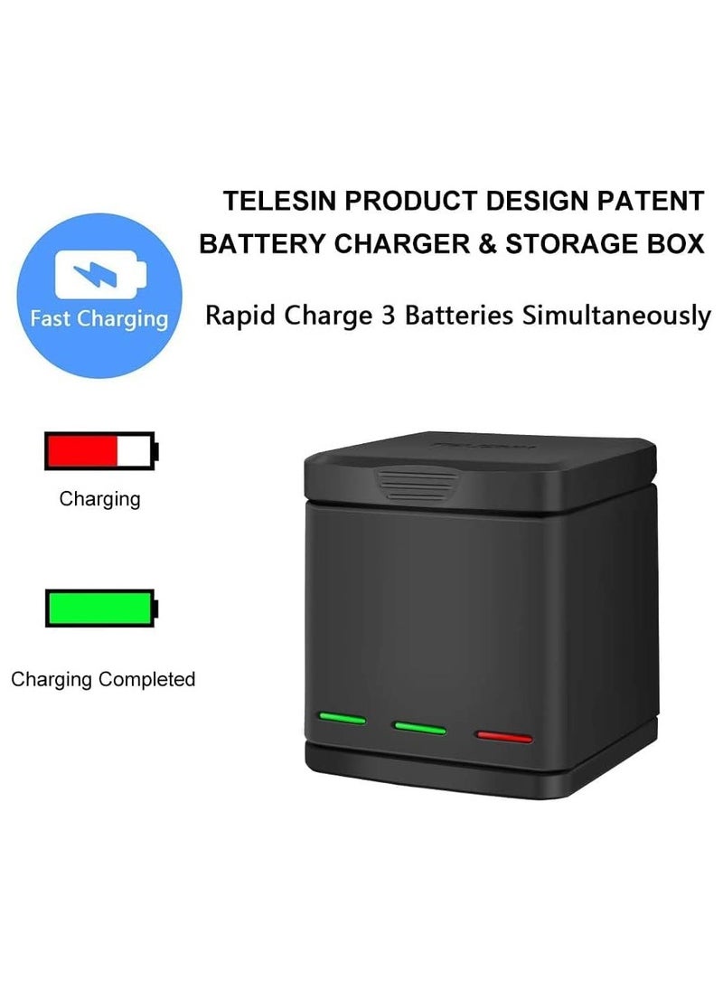 TELESIN Battery Charger for Gopro Hero 8 7 6 5 Black,3-Channel Battery Charging Storage Box with 2 GoPro Compatible Batteries Pack, USB Type-C Cable (Charger+3battery 1220mAh for GoPro hero 5/6/7/8)