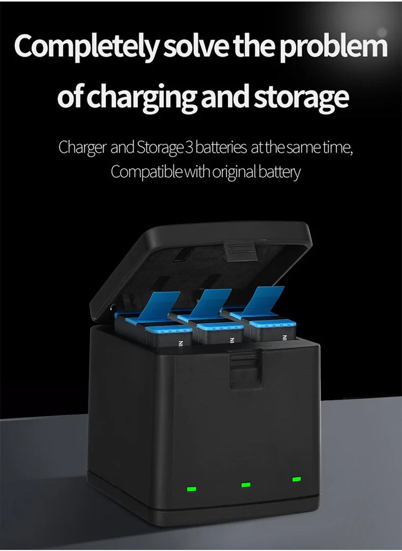 TELESIN Battery Charger for Gopro Hero 8 7 6 5 Black,3-Channel Battery Charging Storage Box with 2 GoPro Compatible Batteries Pack, USB Type-C Cable (Charger+3battery 1220mAh for GoPro hero 5/6/7/8)
