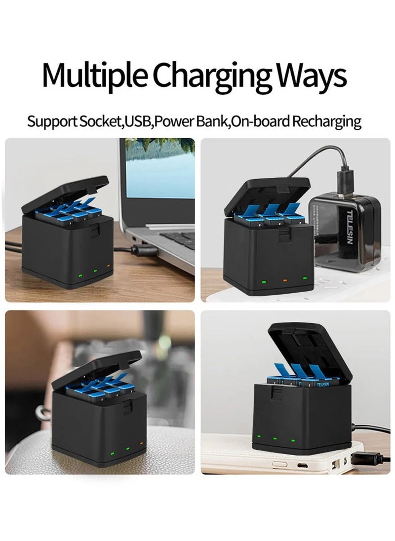 TELESIN Battery Charger for Gopro Hero 8 7 6 5 Black,3-Channel Battery Charging Storage Box with 2 GoPro Compatible Batteries Pack, USB Type-C Cable (Charger+3battery 1220mAh for GoPro hero 5/6/7/8)